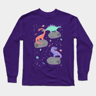 Dinosaurs Floating on an Asteroid in Purple Long Sleeve T-Shirt